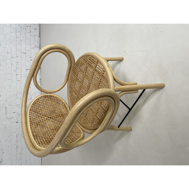Vintage armchair in curved rattan, cane and metal