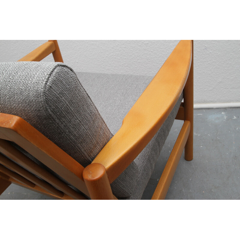 Armchair in solid wood and grey fabric - 1960s