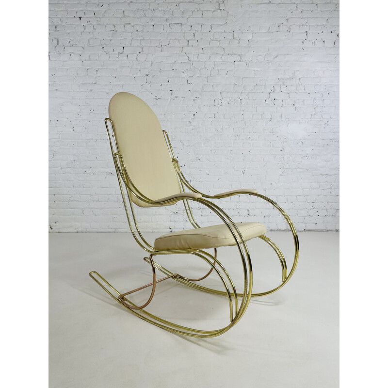 Vintage schommelstoel van messing en ecru kunstleer, 1960