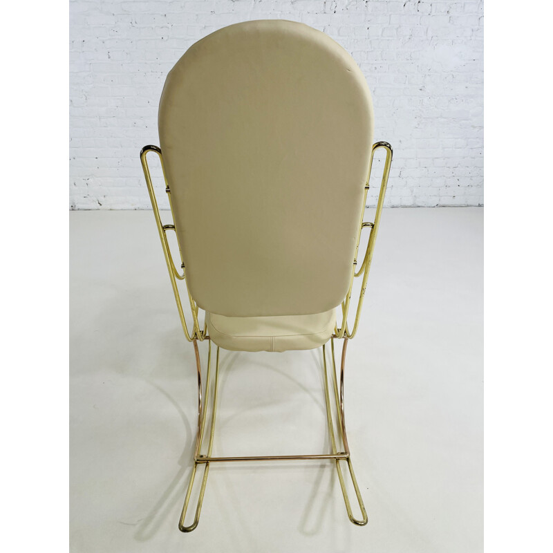 Vintage brass and ecru leatherette rocking chair, 1960