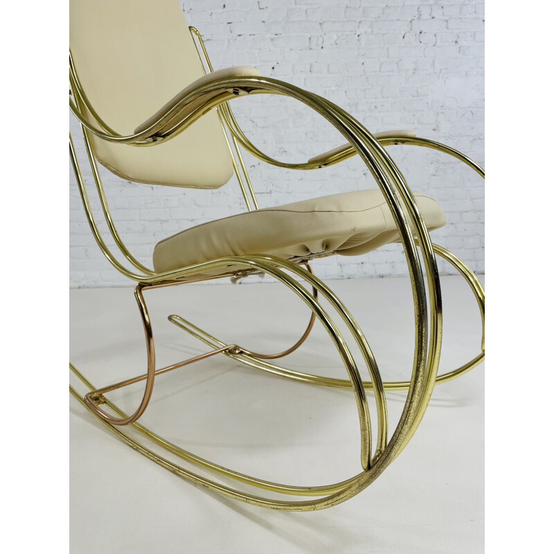 Vintage brass and ecru leatherette rocking chair, 1960