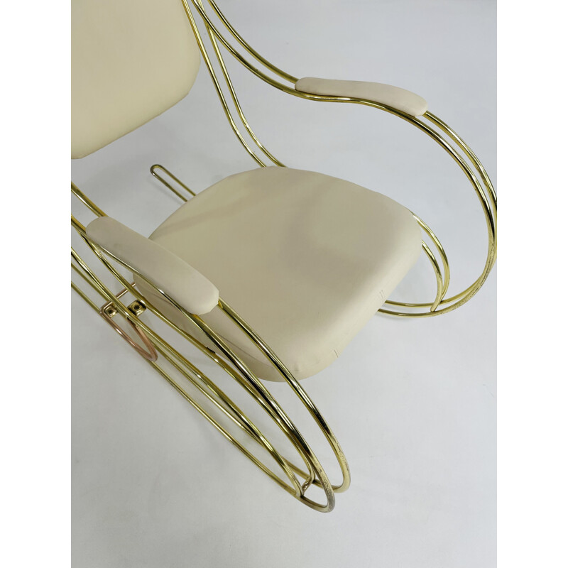 Vintage brass and ecru leatherette rocking chair, 1960