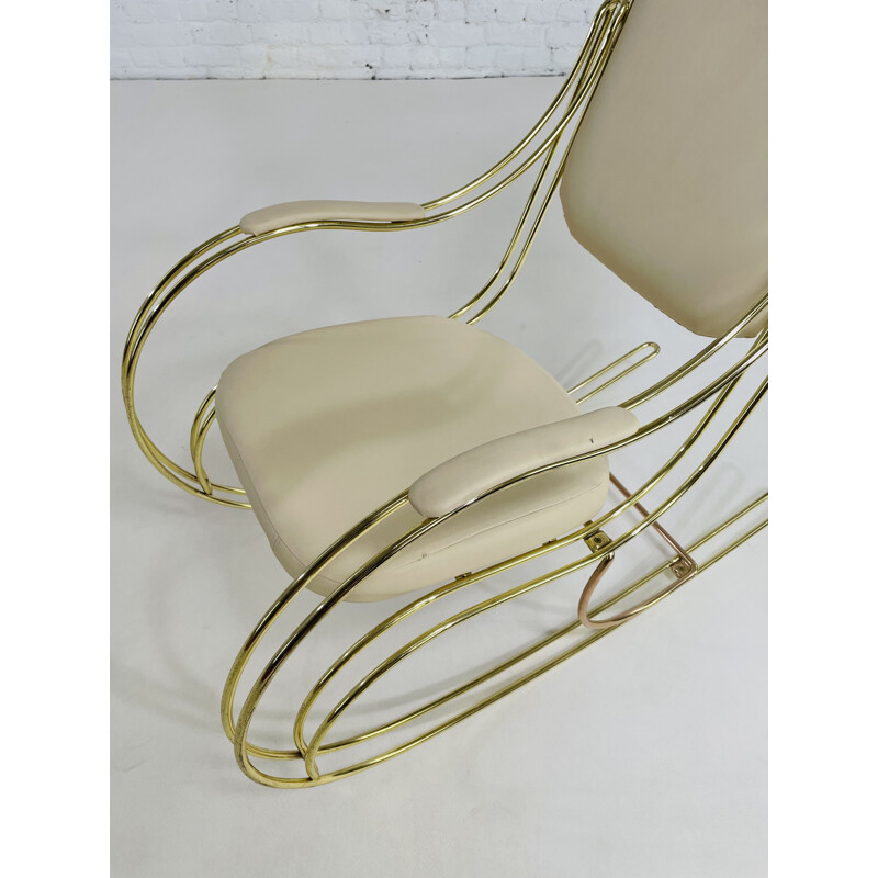 Vintage brass and ecru leatherette rocking chair, 1960