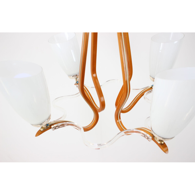 Vintage wood and milk glass chandelier by Dřevo Humpolec, Czechoslovakia 1970