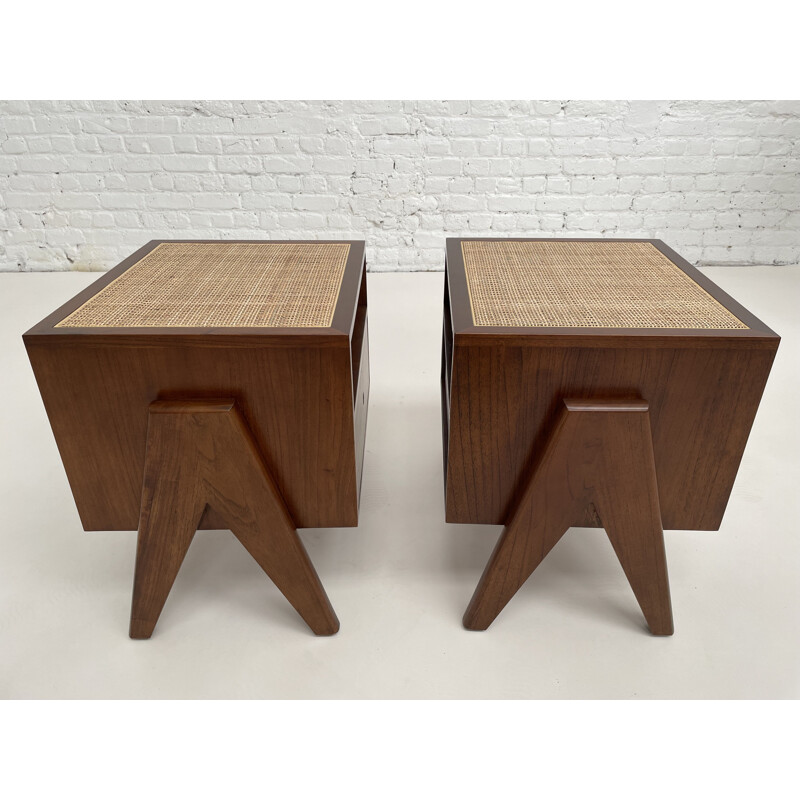 Pair of vintage bedside tables in wood and rattan