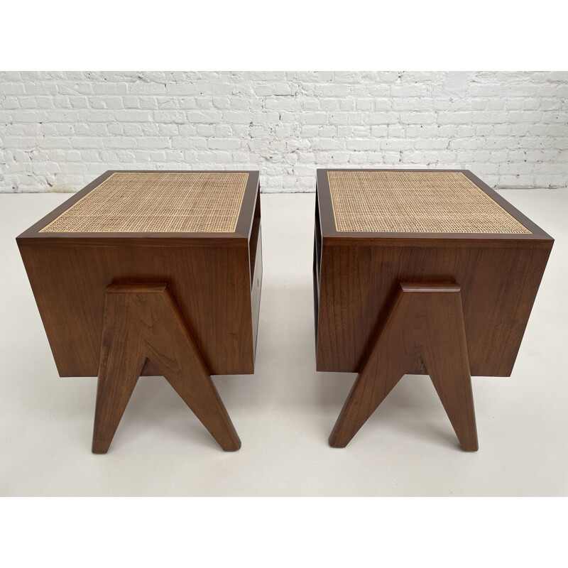 Vintage-Nachttischpaar aus Holz und Rattan
