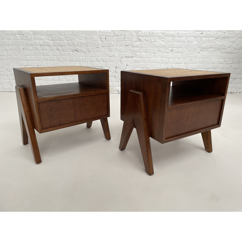 Pair of vintage bedside tables in wood and rattan