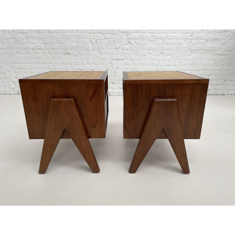 Pair of vintage bedside tables in wood and rattan