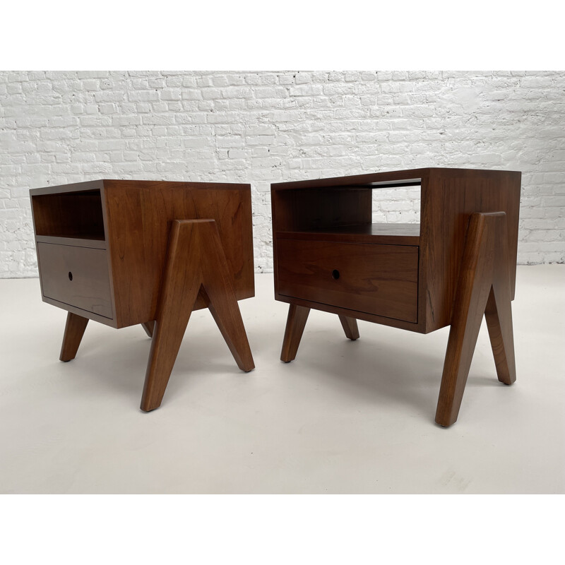 Paire de tables de chevets vintage en bois et en rotin