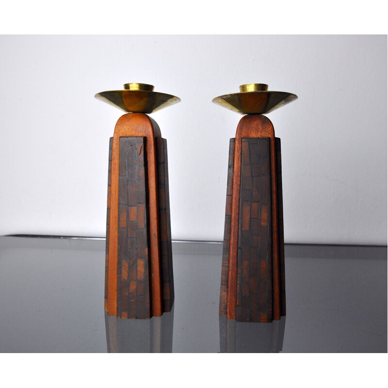 Pair of vintage olive wood "David" candle holders, Jerusalem 1960