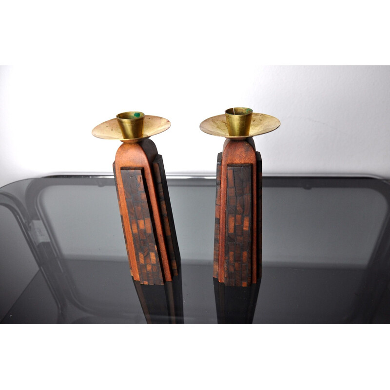 Pair of vintage olive wood "David" candle holders, Jerusalem 1960