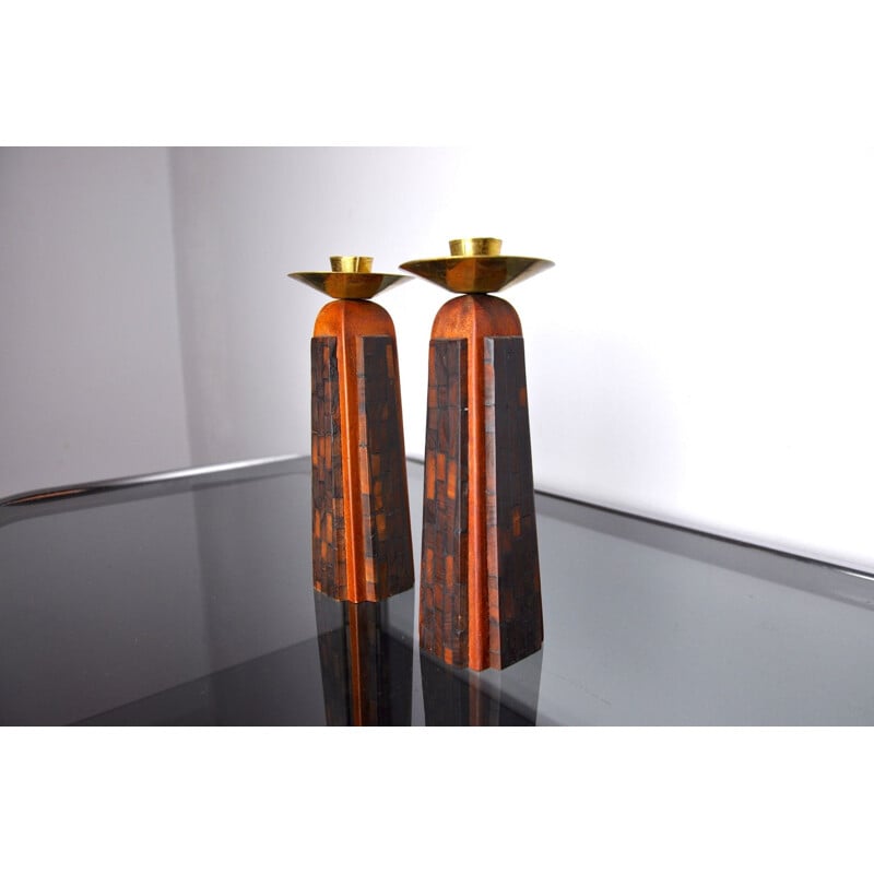 Pair of vintage olive wood "David" candle holders, Jerusalem 1960