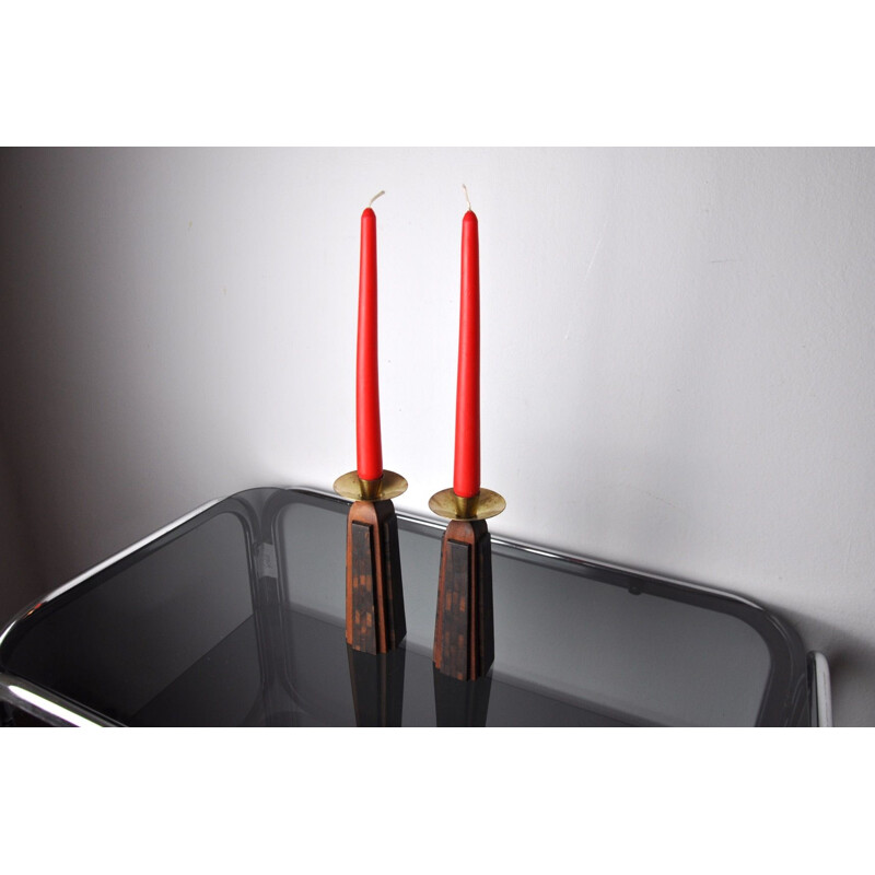 Pair of vintage olive wood "David" candle holders, Jerusalem 1960