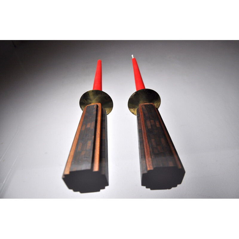 Pair of vintage olive wood "David" candle holders, Jerusalem 1960