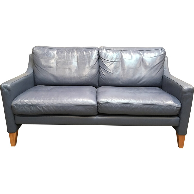 Mid-century 2-seater sofa in blue leather - 1970s
