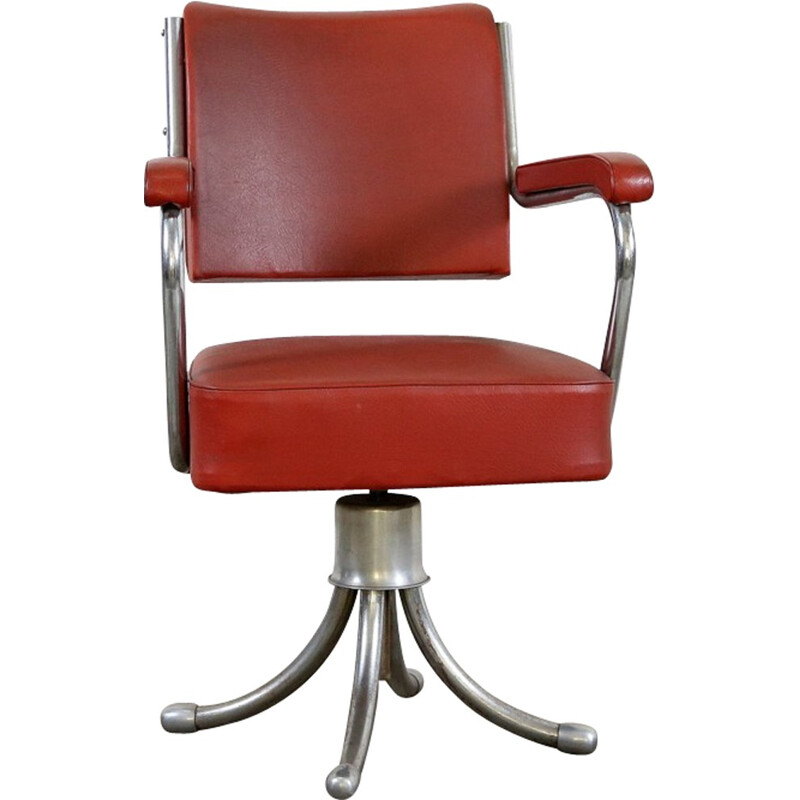 Gispen office chair in red leatherette and chromed metal - 1950s