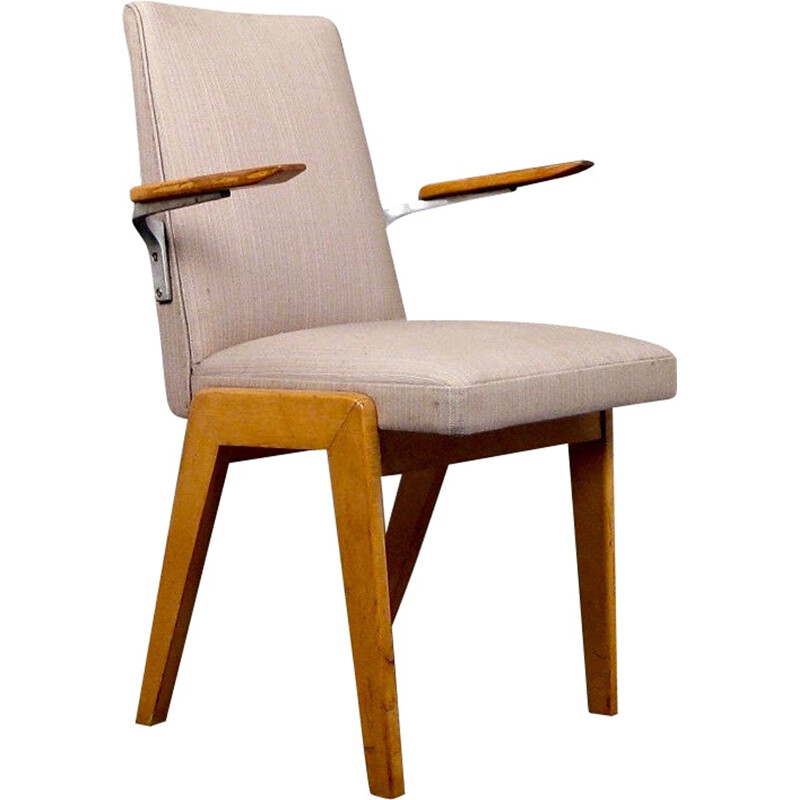 French armchair in oak and beige fabric - 1950s