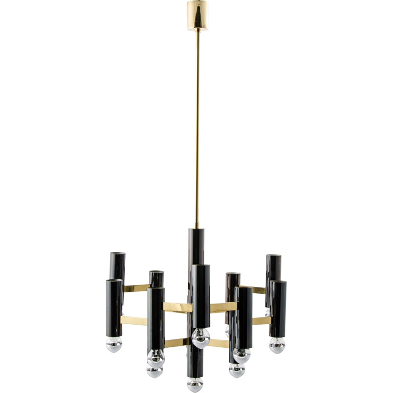 Boulanger SA vintage geometric brass and black metal chandelier, Gaetano SCIOLARI - 1960s