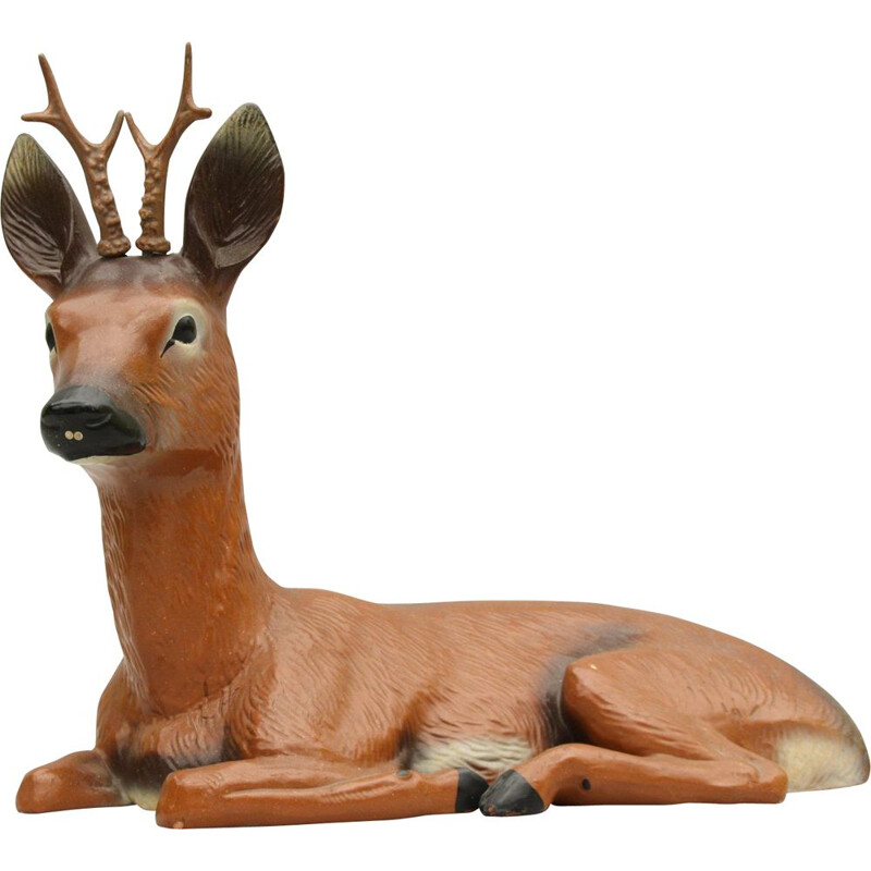 Vintage clay garden sculpture of a deer by August Heissner, 1950