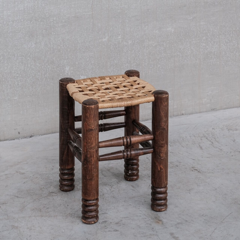 Mid century oakwood and cord stool by Charles Dudouyt, France 1940s