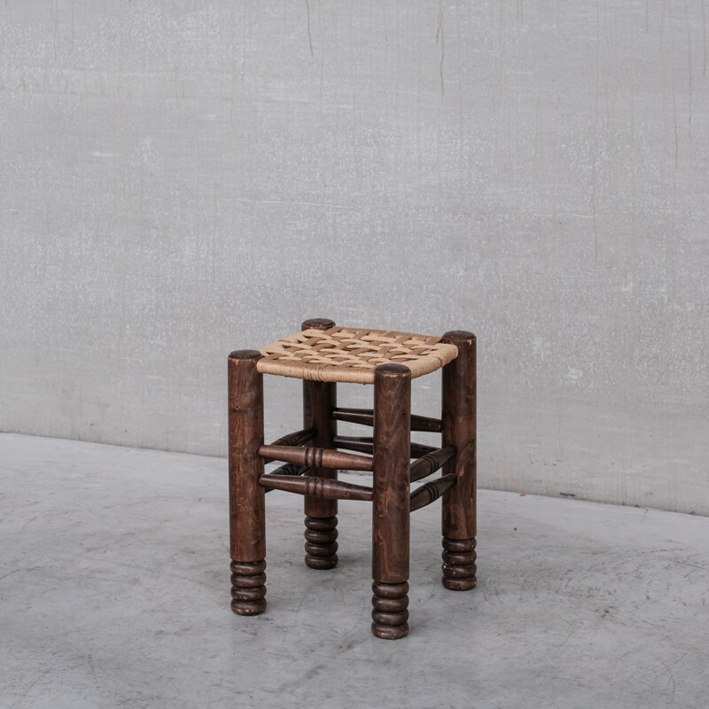 Mid century oakwood and cord stool by Charles Dudouyt, France 1940s