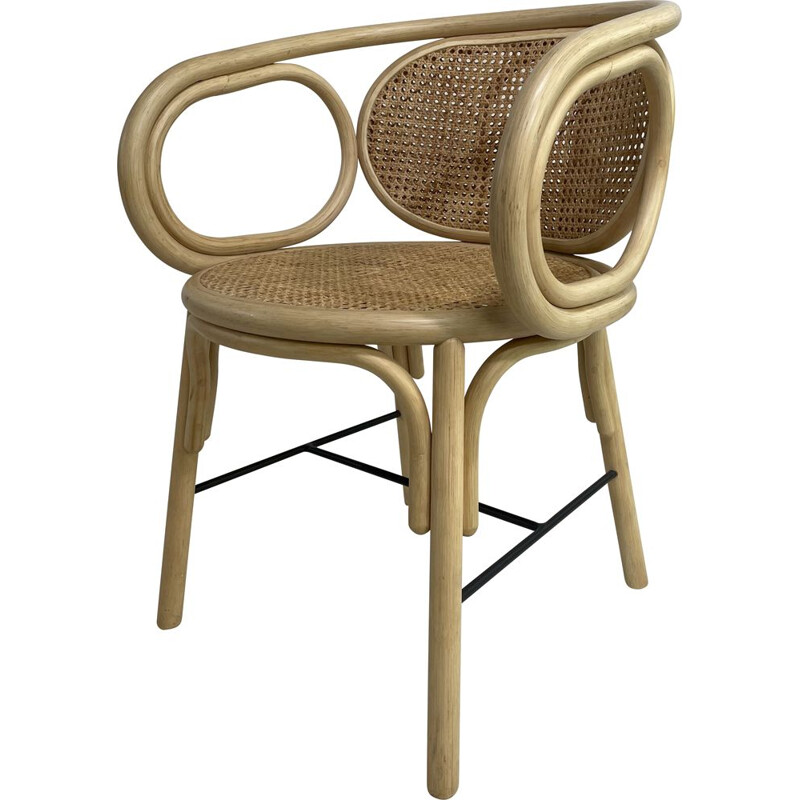 Vintage armchair in curved rattan, cane and metal