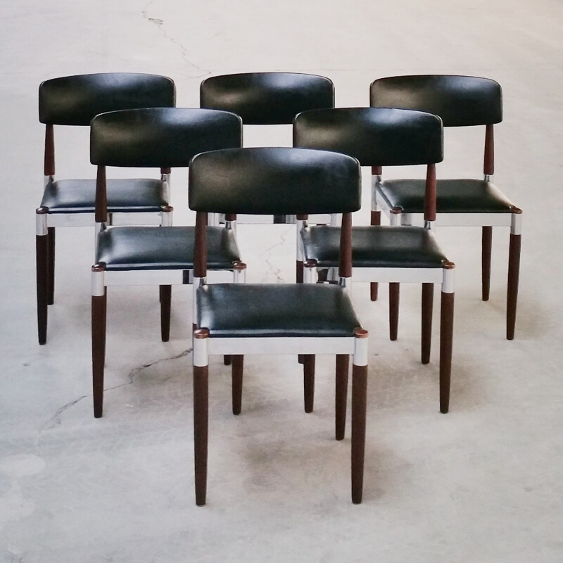 Set of 6 dining chairs in wood chromed metal and leatherette - 1960s