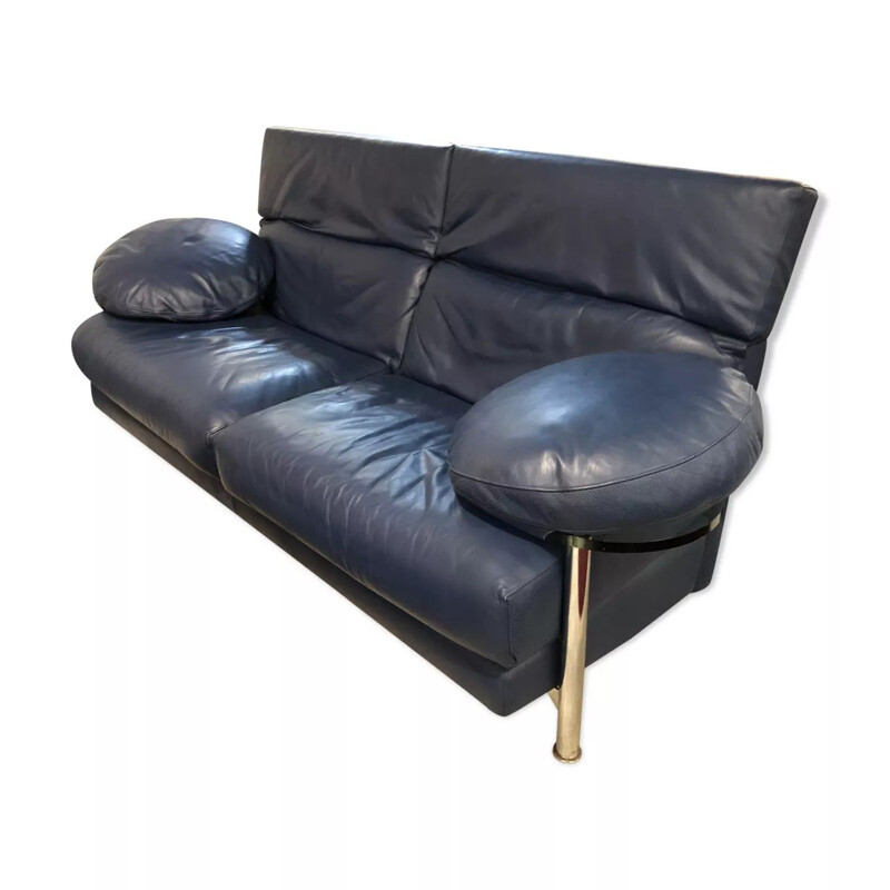 Italienisches Vintage-Sofa aus blauem Leder mit drehbaren Ablagen von Paolo Piva, 1980