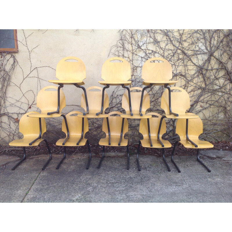 Set of 12 vintage chairs in plywood and tubular metal - 1980s