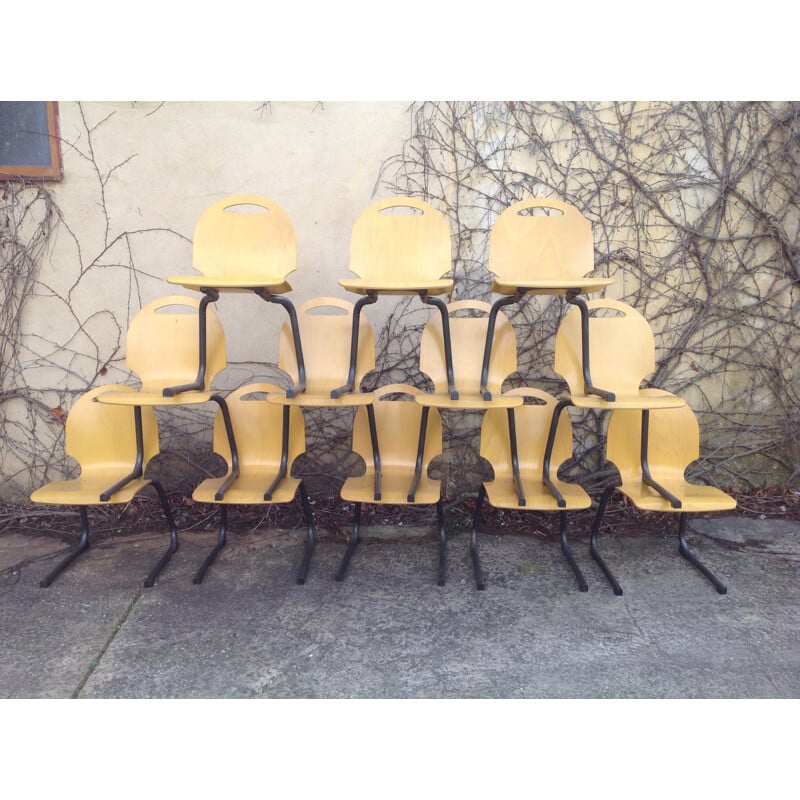 Suite de 12 chaises vintage en lamellé-collé - 1980