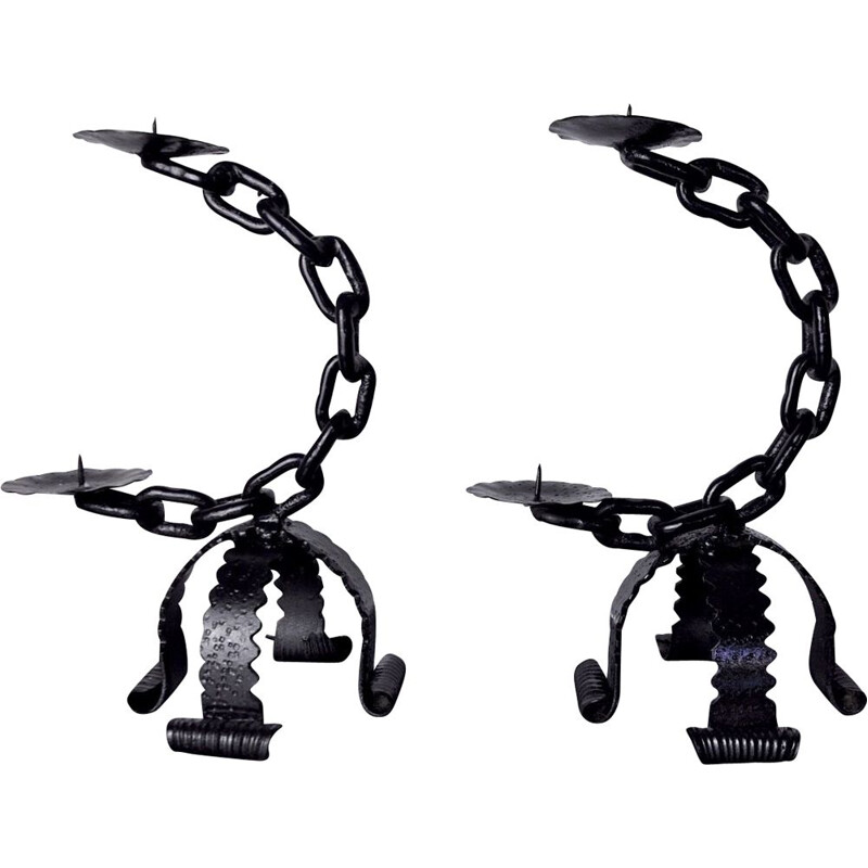 Pair of vintage Brutalist "Chains" candle holders in black wrought iron, Italy 1960