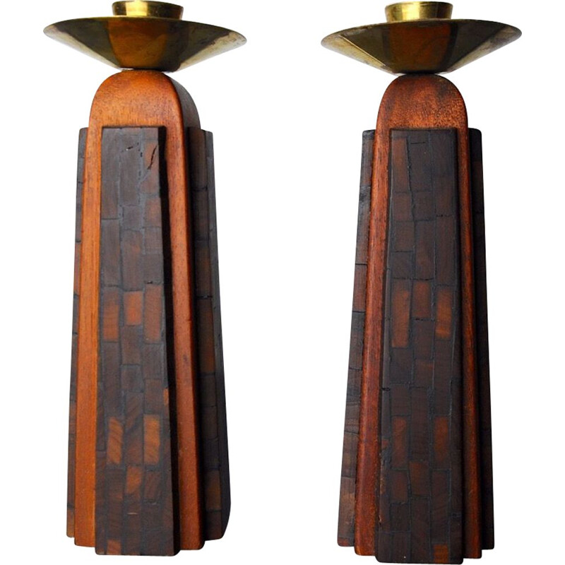 Pair of vintage olive wood "David" candle holders, Jerusalem 1960