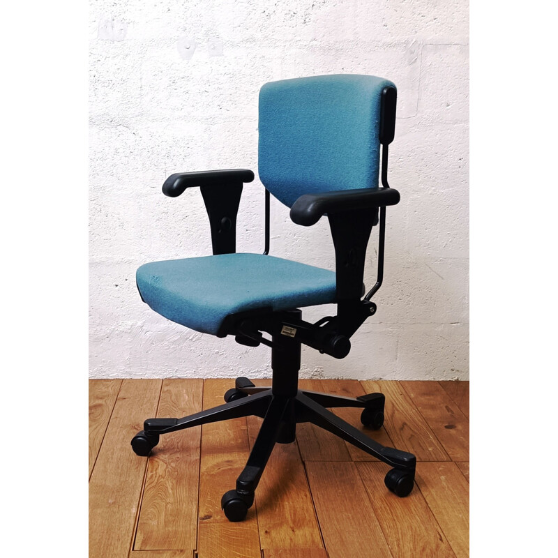 Vintage metalen en blauwe stoffen bureaustoel van Albert Stoll voor Giroflex