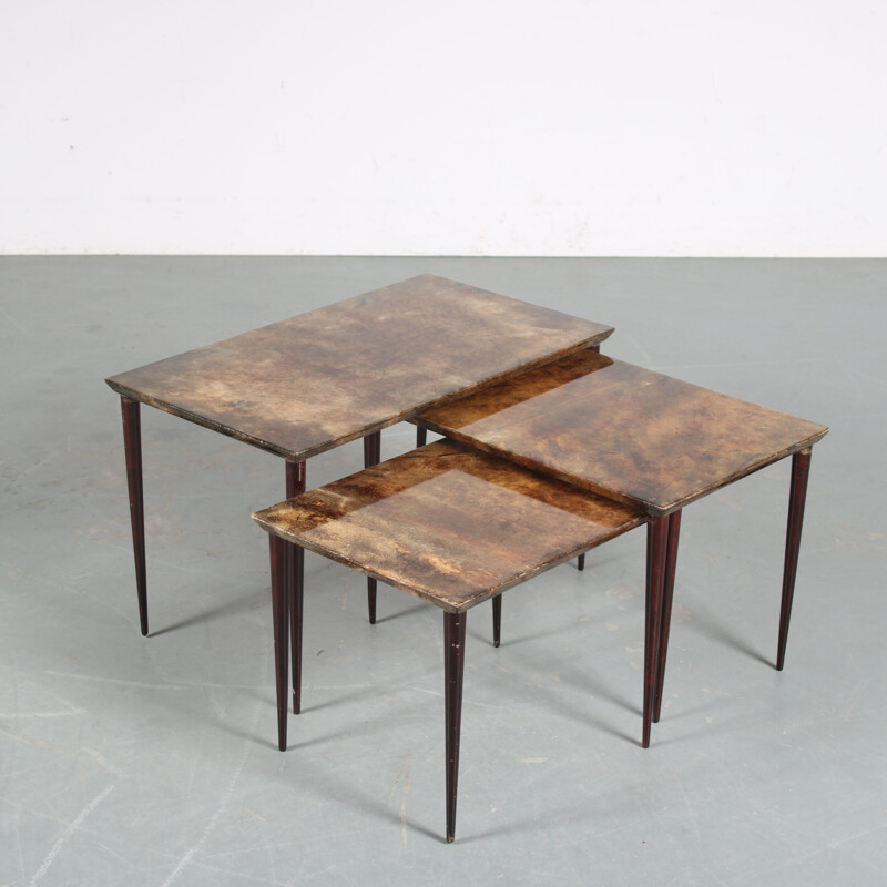 Vintage wooden nesting tables by Aldo Tura, Italy 1950