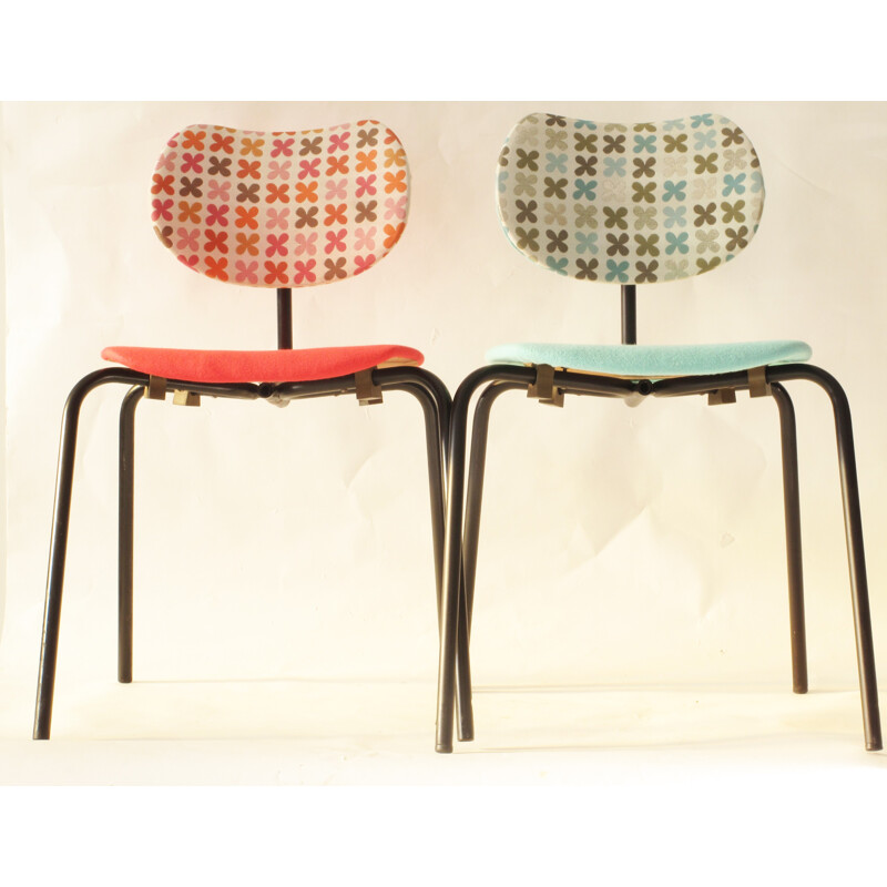 Pair of Thonet chairs in red and blue fabric and iron - 1950s