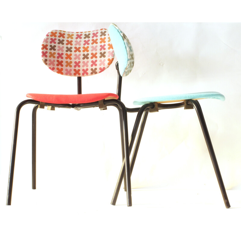 Pair of Thonet chairs in red and blue fabric and iron - 1950s