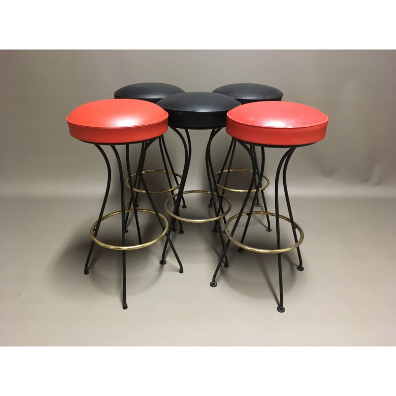 Set of 5 high stools in metal and leatherette - 1950s