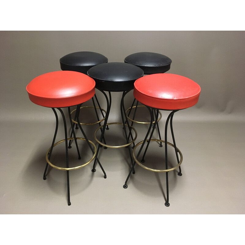 Set of 5 high stools in metal and leatherette - 1950s