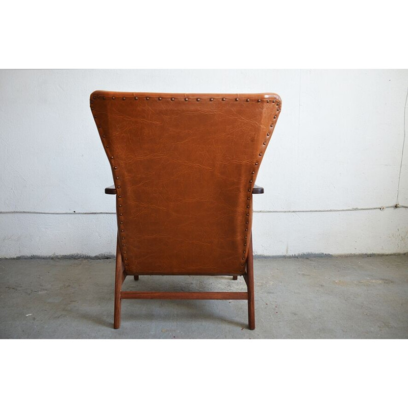 Teak and brown leatherette armchair - 1950s