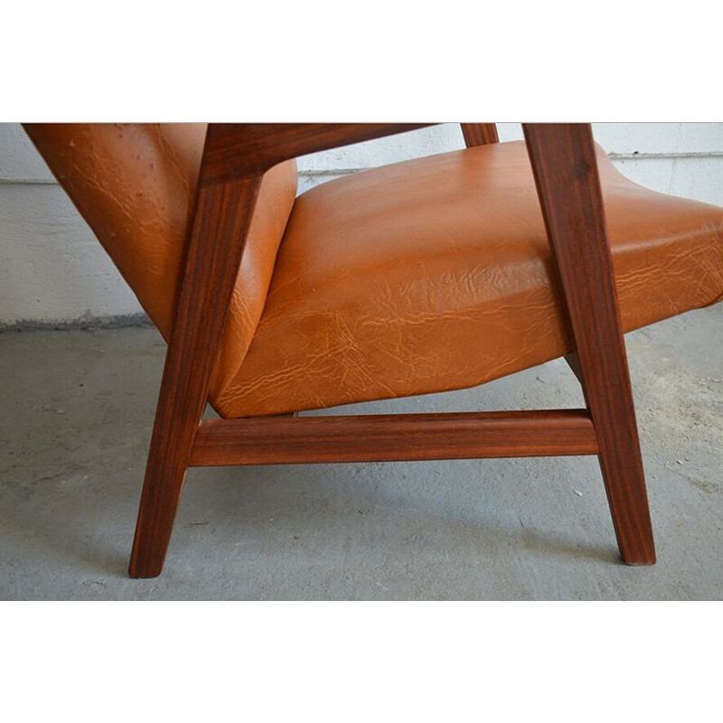 Teak and brown leatherette armchair - 1950s