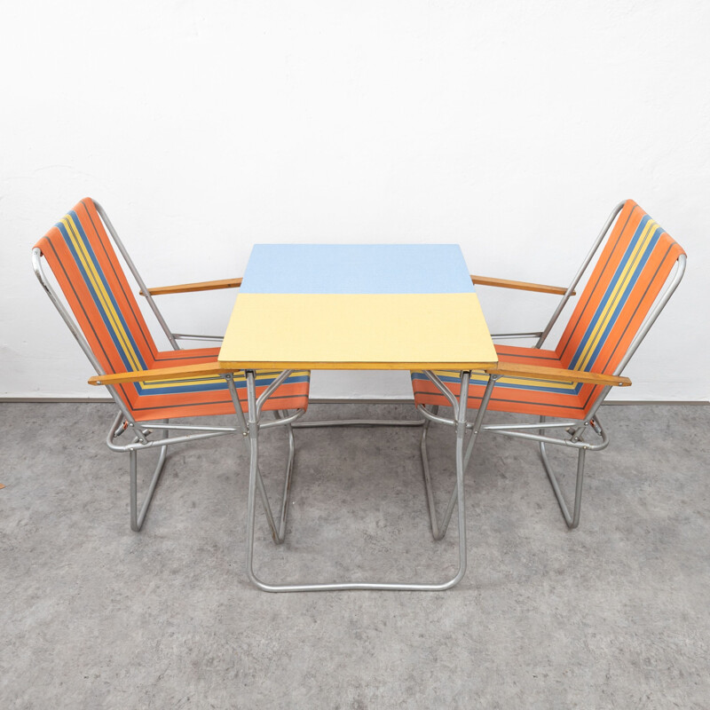 Mid century formica camping table with pair of chairs, Czechoslovakia 1960s