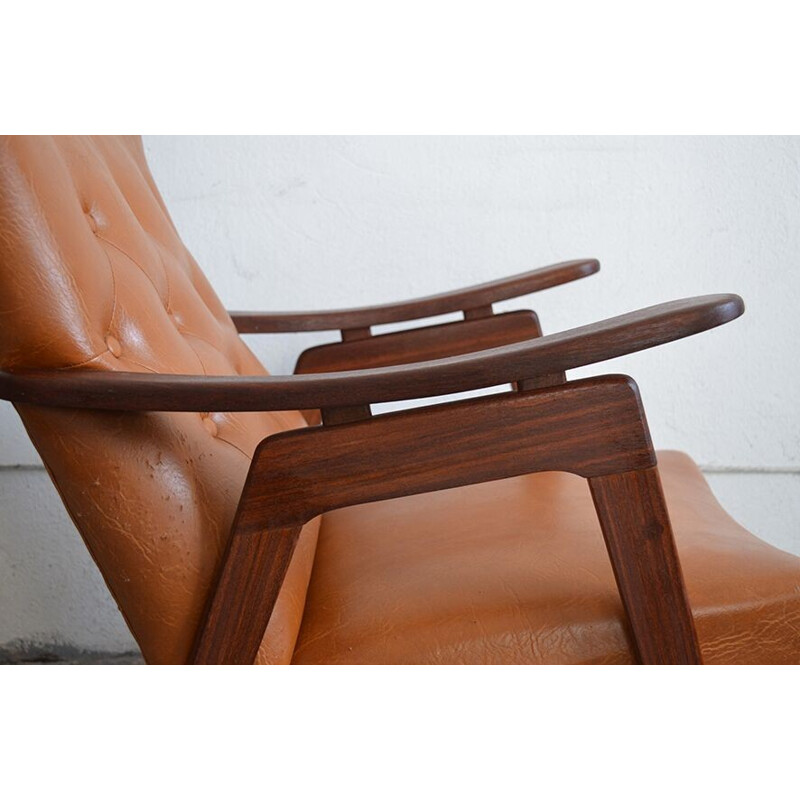 Teak and brown leatherette armchair - 1950s