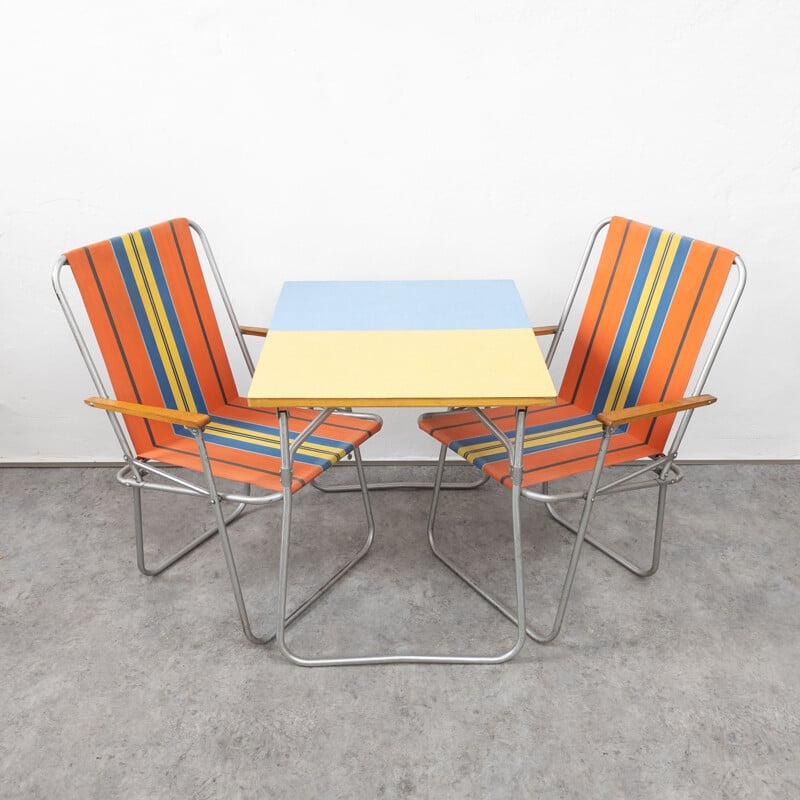 Mid century formica camping table with pair of chairs, Czechoslovakia 1960s