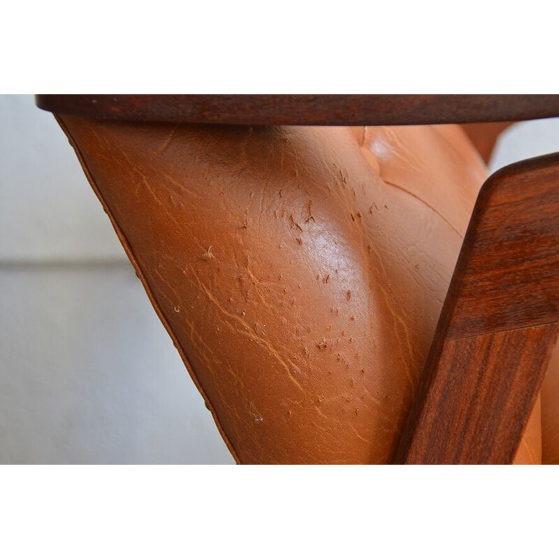 Teak and brown leatherette armchair - 1950s