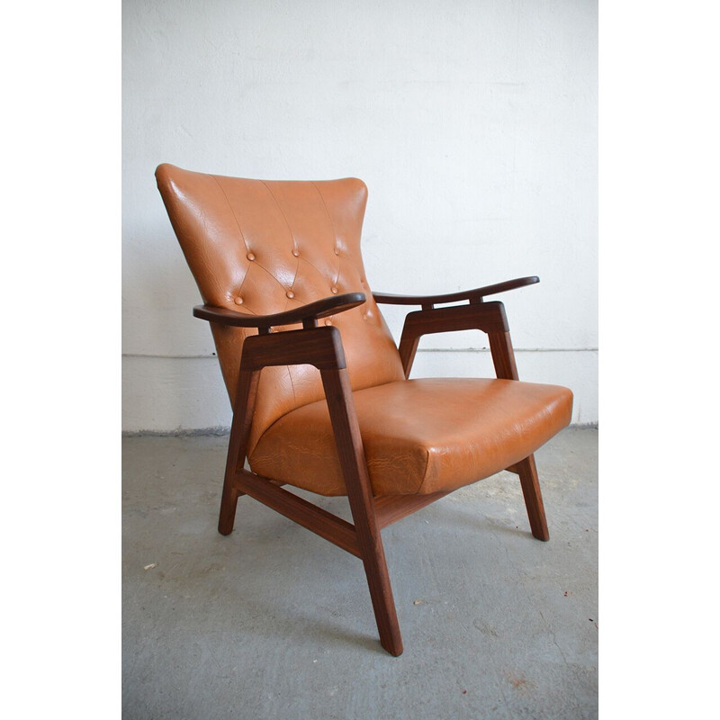 Teak and brown leatherette armchair - 1950s