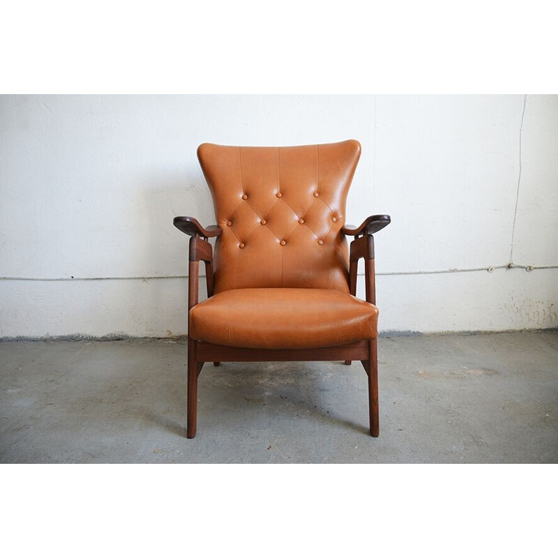 Teak and brown leatherette armchair - 1950s