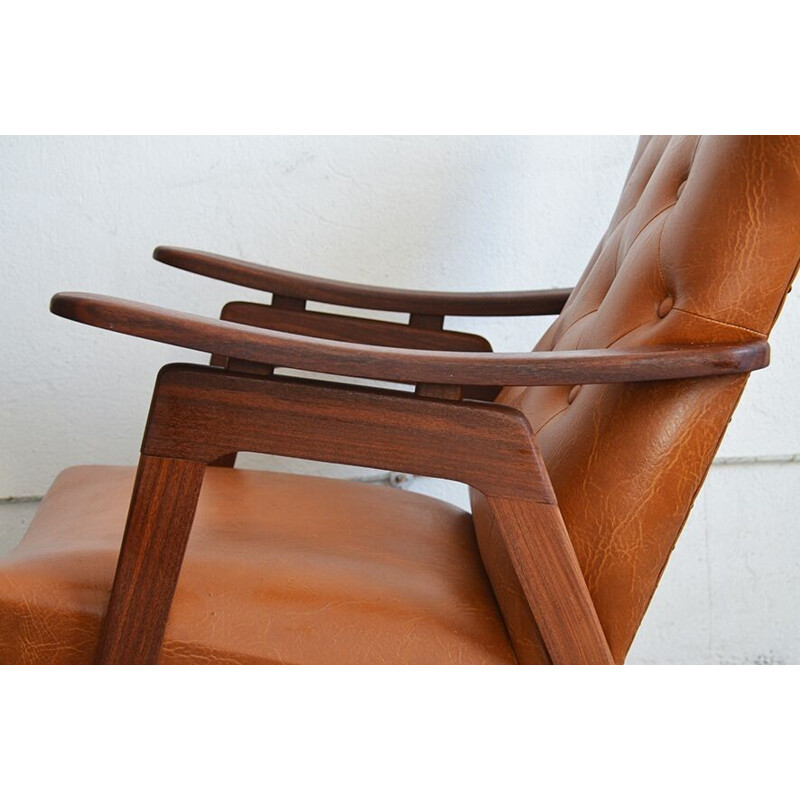 Teak and brown leatherette armchair - 1950s