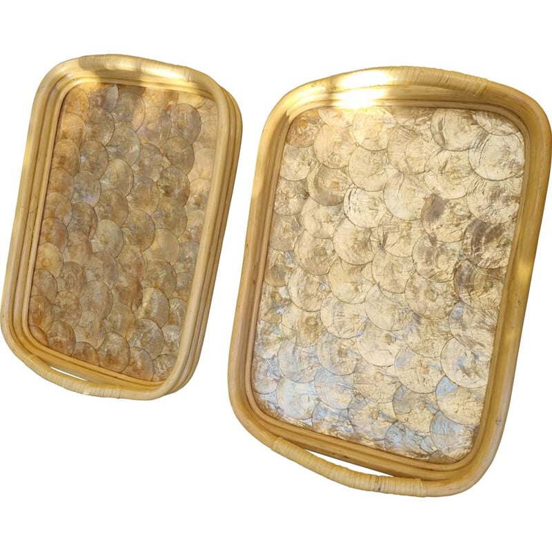 Pair of vintage bamboo and pearl trays, 1980s