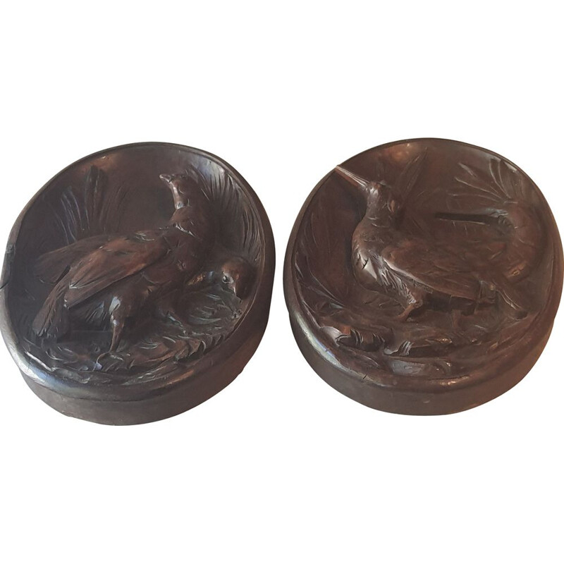 Pair of vintage animal medallions in solid walnut
