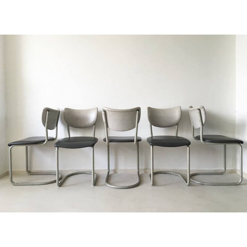 Set of 10 Gispen chairs in grey leatherette, Brothers DE WIT - 1950s